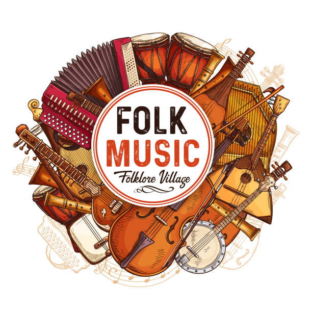 ilustrações de stock, clip art, desenhos animados e ícones de vector music concert poster of sketch instruments - folk music