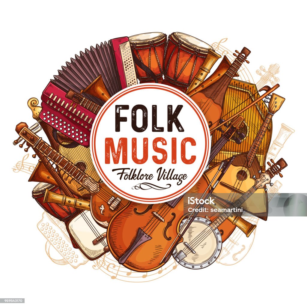 Vector music concert poster of sketch instruments Folk music concert sketch poster with musical instruments. Vector design of musical button accordion, African jembe drum folk bandura and rebec viola with music notes staff for live concert performance Folk Music stock vector