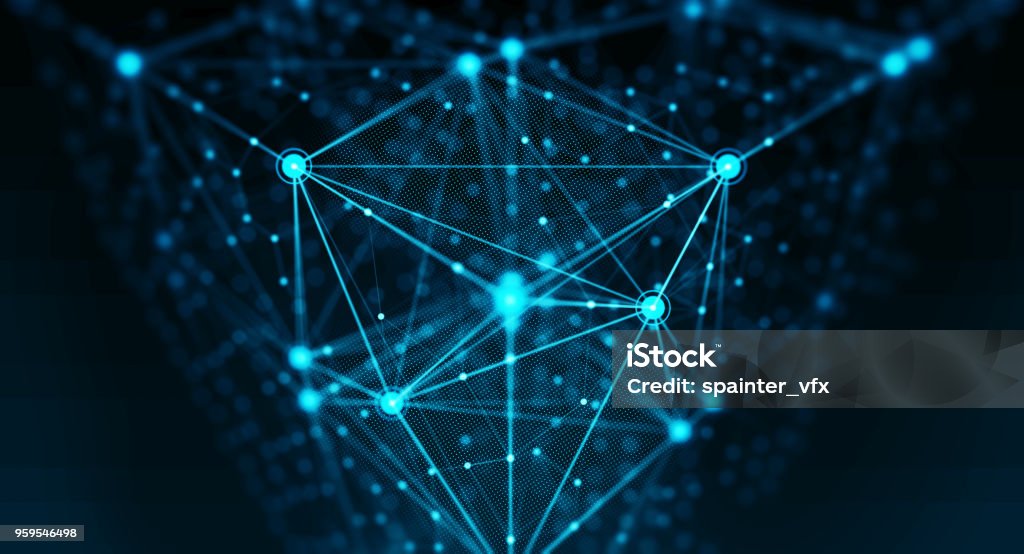 Block chain network Block chain network concept , Distributed register technology, background made of line, circles  and particles. 3D Rendering Blockchain Stock Photo