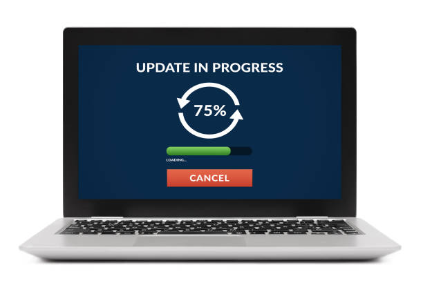 Update concept on laptop computer screen. Isolated stock photo