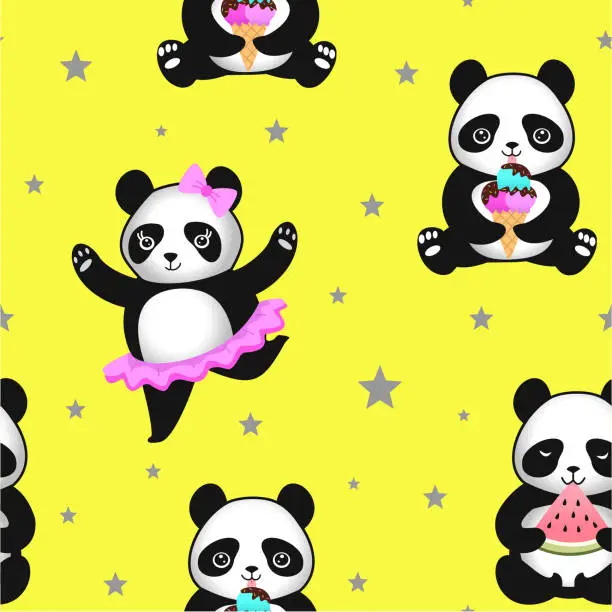 Vector illustration of Pattern with cute pandas. Vector seamless texture.
