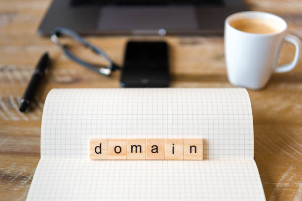 istock Closeup on notebook over wood table background, focus on wooden blocks with letters making Domain word 959554750