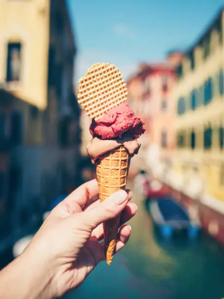 Photo of Hands holding ice cream in waffle cone.