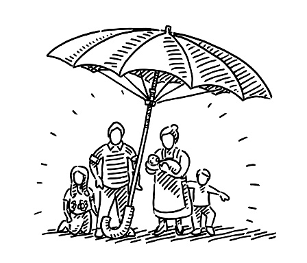 Hand-drawn vector drawing of a Umbrella Family Protection Concept. Black-and-White sketch on a transparent background (.eps-file). Included files are EPS (v10) and Hi-Res JPG.