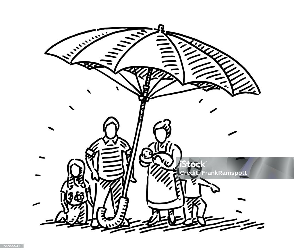 Umbrella Family Protection Concept Drawing Hand-drawn vector drawing of a Umbrella Family Protection Concept. Black-and-White sketch on a transparent background (.eps-file). Included files are EPS (v10) and Hi-Res JPG. Family stock vector
