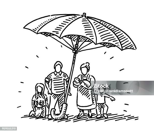 Umbrella Family Protection Concept Drawing Stock Illustration - Download Image Now - Family, Drawing - Art Product, Child