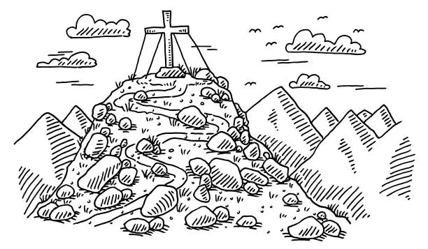 Vector illustration of Mountain Summit Cross Alps Drawing