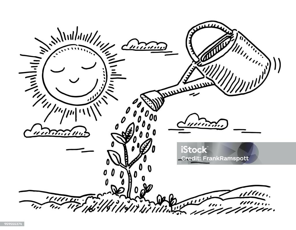 Plant Growth Watering Can Drawing Hand-drawn vector drawing of a Plant Growth Concept with a Watering Can and a Sun. Black-and-White sketch on a transparent background (.eps-file). Included files are EPS (v10) and Hi-Res JPG. Sun stock vector