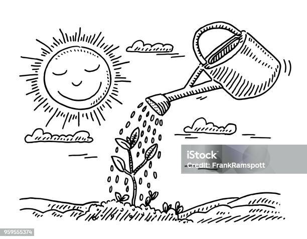 Plant Growth Watering Can Drawing Stock Illustration - Download Image Now - Sun, Sketch, Seedling