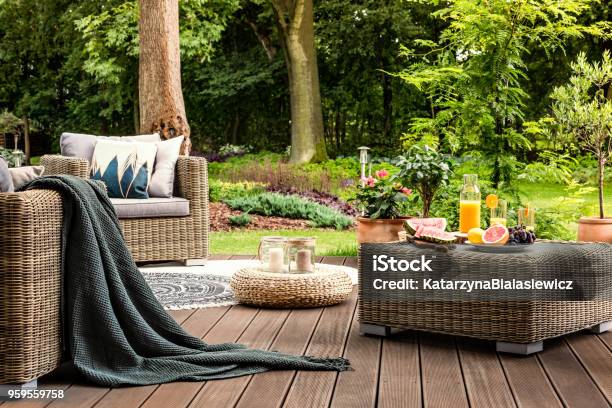 Rattan Table With Fruit Stock Photo - Download Image Now - Patio, Yard - Grounds, Outdoors