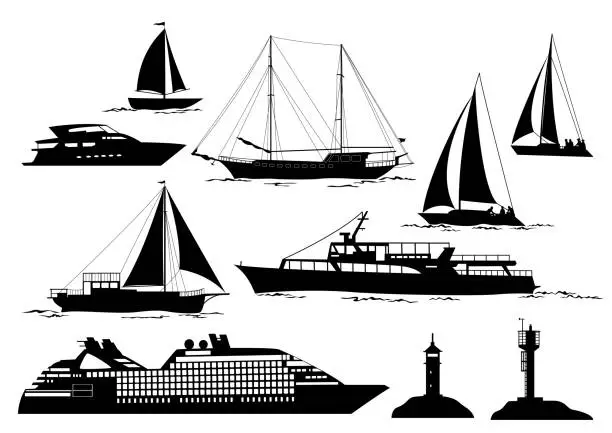 Vector illustration of Marine Vehicles and Objects