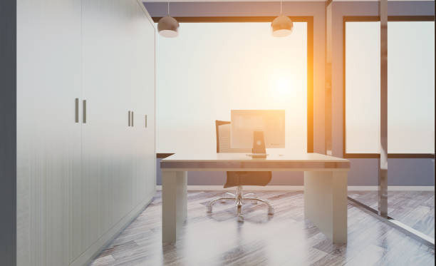 istock Conference room with wooden table. 3D rendering.. Sunset 959565548