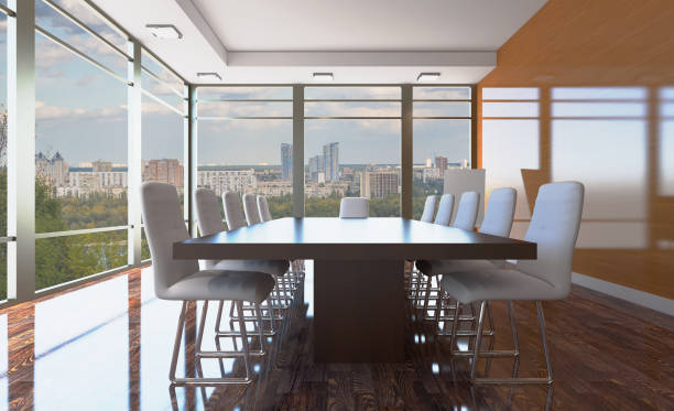 istock Front view of an office interior with a row of dark wood tables. 3D rendering. 959565668