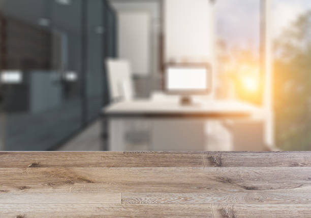 istock Background with empty wooden table. Flooring. Modern office Cabinet. Meeting room. 959565796