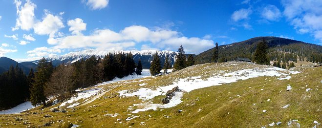 Panoramic view of Mount Piatra Craiului on winter, part of the Carpathian Range from Romania