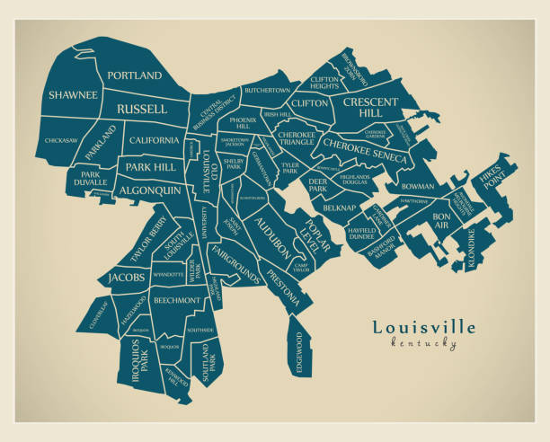 Modern City Map - Louisville Kentucky city of the USA with neighborhoods and titles Modern City Map - Louisville Kentucky city of the USA with neighborhoods and titles louisville city icons stock illustrations