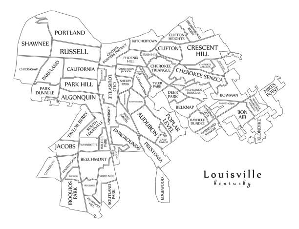 Modern City Map - Louisville Kentucky city of the USA with neighborhoods and titles outline map Modern City Map - Louisville Kentucky city of the USA with neighborhoods and titles outline map louisville city icons stock illustrations