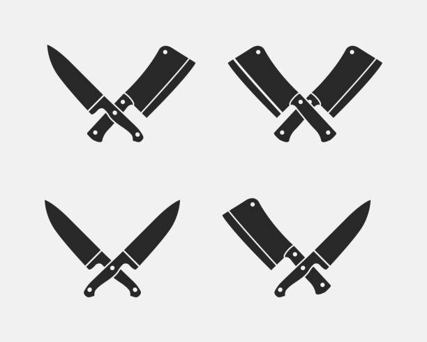 illustrazioni stock, clip art, cartoni animati e icone di tendenza di set di icone di coltelli da taglio della carne. coltelli da macellaio isolati su uno sfondo bianco. illustrazione vettoriale - coltello da cucina