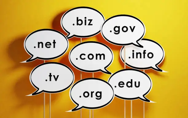 Speech bubble with domain extensions on yellow background. Horizontal composition with copy space.