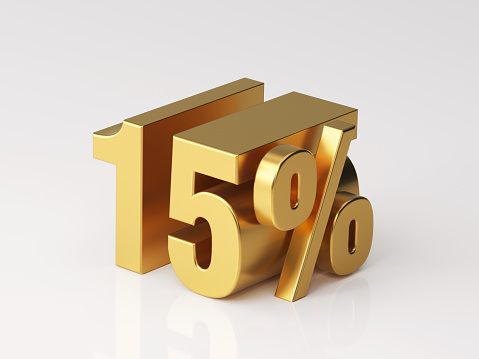 Gold colored fifteen percent off discount symbol on white background. Horizontal composition with clipping path and copy space.