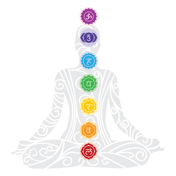 meditating person meditating person with points in the subtle body, meditation practices chakra stock illustrations