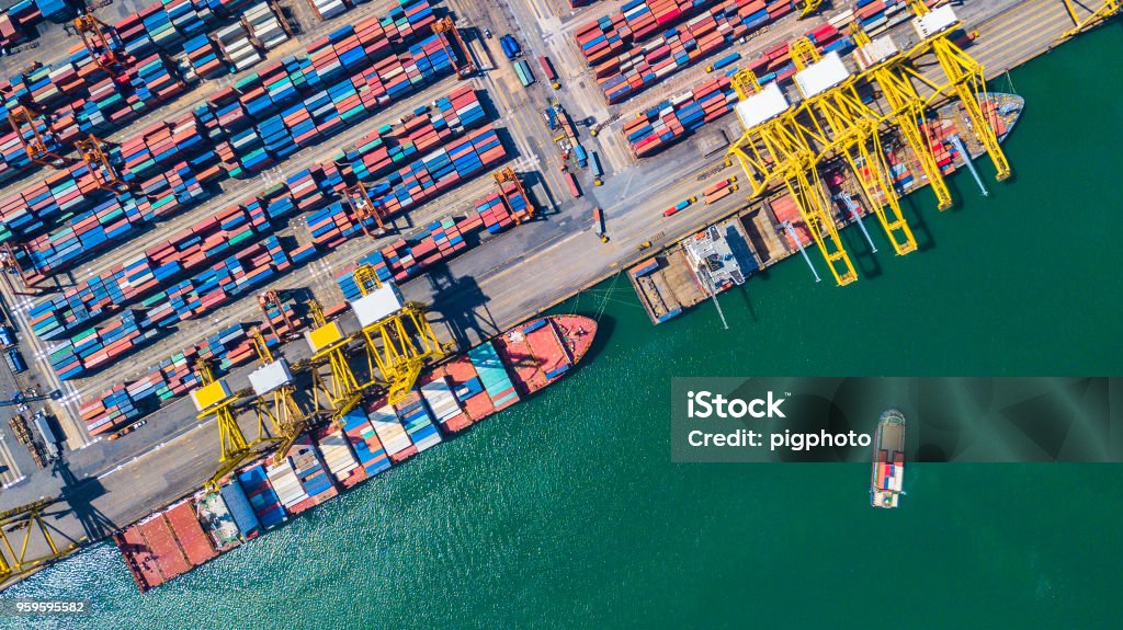 Aerial view of  Deep water port with cargo ship and container Asia Stock Photo