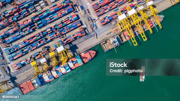 Aerial View Of Deep Water Port With Cargo Ship And Container Stock Photo - Download Image Now