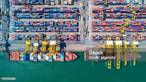 Aerial View Of Deep Water Port With Cargo Ship And Container Stock Photo - Download Image Now
