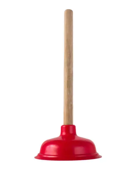 Bright red rubber plunger with wooden handle flatlay isolated on white