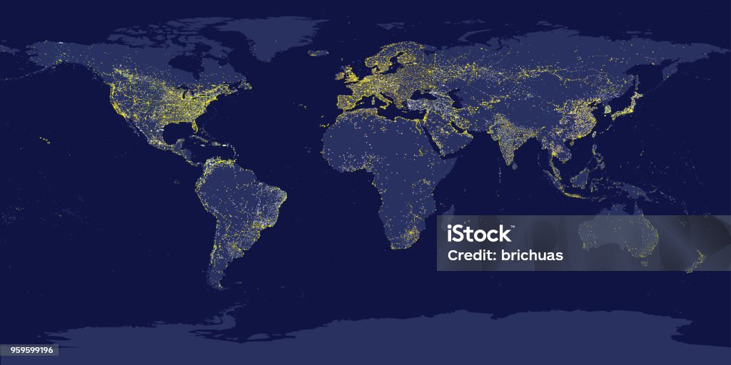 World city lights map. Night Earth view from space. Vector illustration World Map stock vector