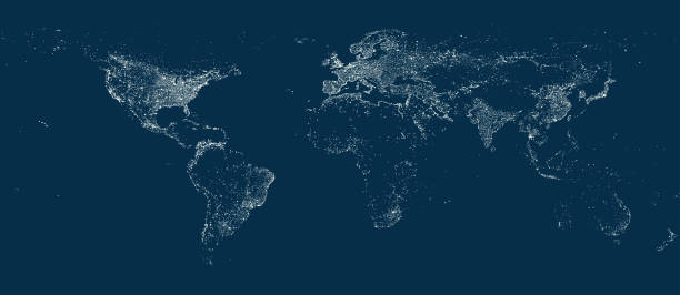 世界城市的燈光地圖。來自太空的夜地球景觀。向量插圖 - 歐亞大陸 幅插畫檔、美工圖案、卡通及圖標