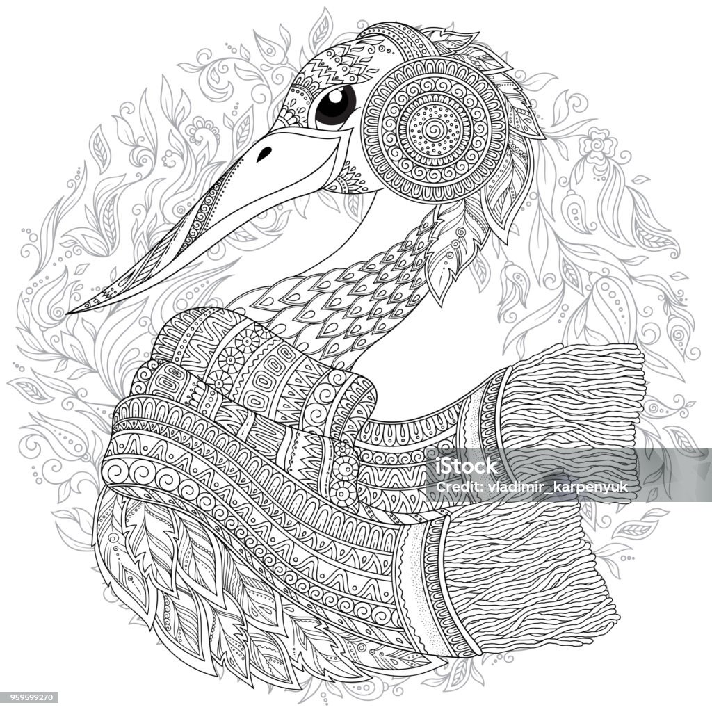 Stork, fantastic flowers, branches, leaves. Hand drawn Stork for adult anti stress coloring pages, post card, t-shirt print, Wedding invitation. Bird illustration in doodle style, tattoo monochrome design. Animal sketch. Abstract stock vector