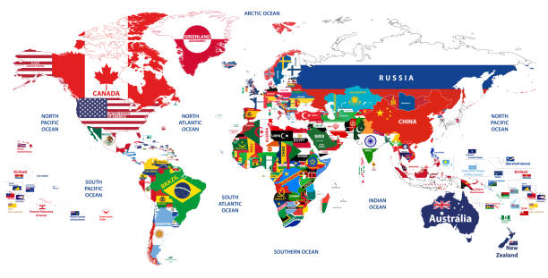 국가 플래그와 관절 하는 세계의 지도의 벡터 높은 상세한 그림 - india map cartography continent stock illustrations