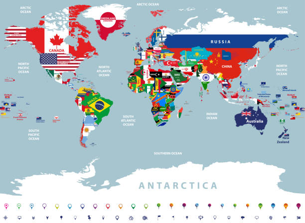 ilustraciones, imágenes clip art, dibujos animados e iconos de stock de vector de alta ilustración detallada del mapa del mundo articulado con banderas de países - flag of the world