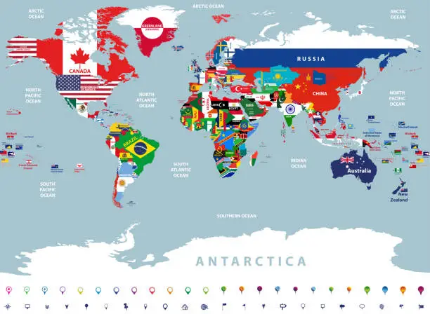 Vector illustration of vector high detailed illustration of map of the world jointed with countries flags