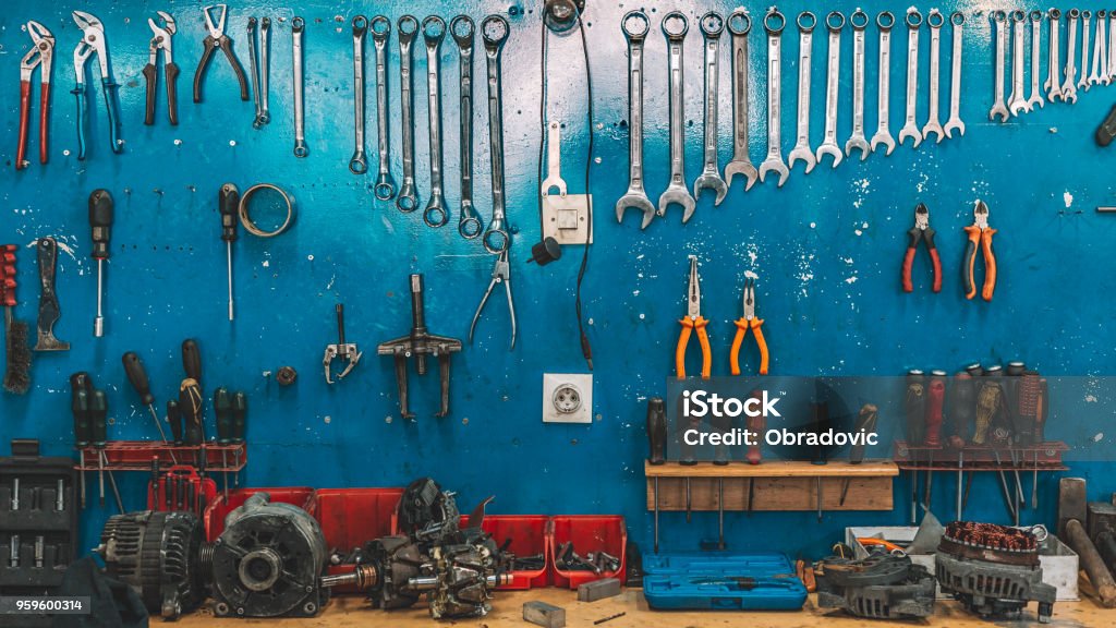 Wrenches set in the workshop Work Tool Stock Photo
