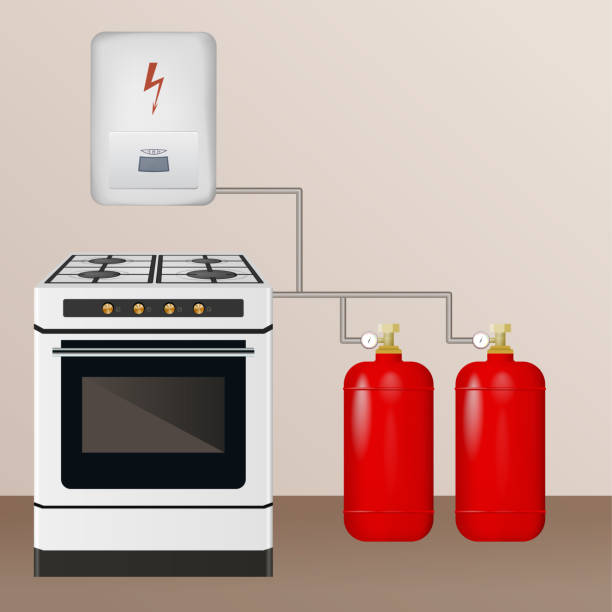ilustrações de stock, clip art, desenhos animados e ícones de gas stove and boiler with cylinder. - botija de gas