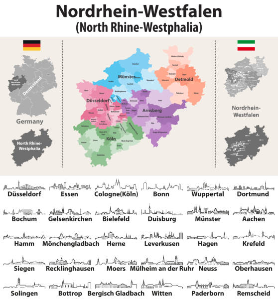 ilustraciones, imágenes clip art, dibujos animados e iconos de stock de renania del norte-westfalia (región metropolitana de alemania) alta dtailed vector mapa y esquema iconos de skylines de grandes ciudades - munster