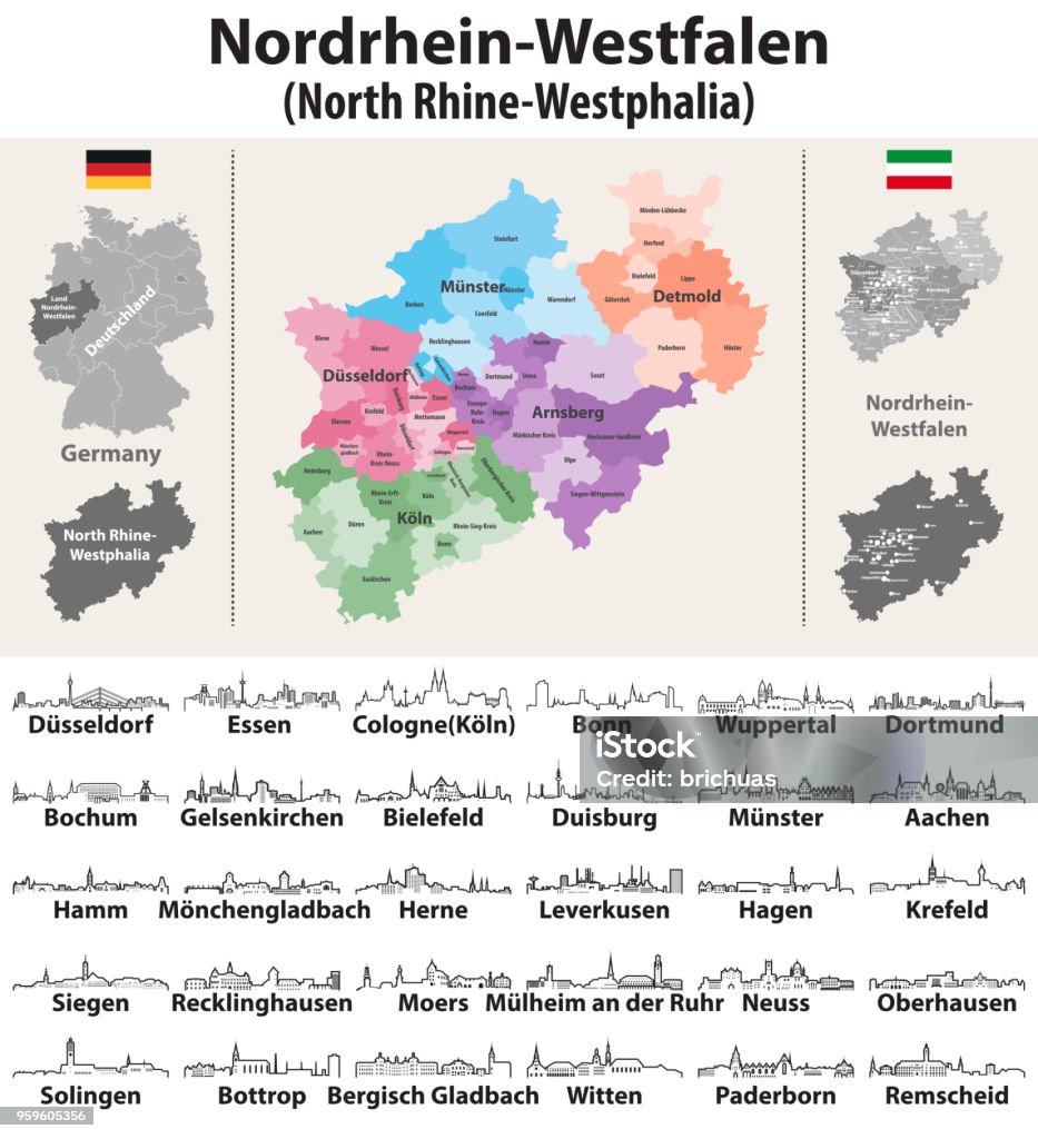 North Rhine-Westphalia (metropolitan region of Germany) high dtailed vector map and outline icons of major cities skylines Urban Skyline stock vector