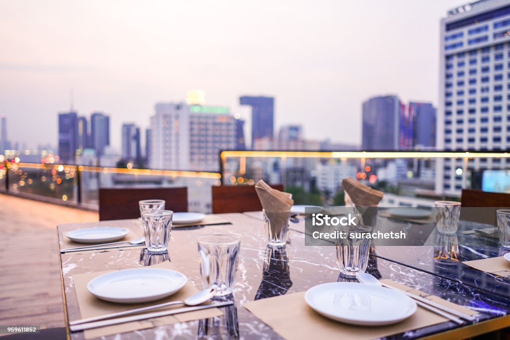 luxury private dinner rooftop in Bangkok, Thailand Rooftop Stock Photo