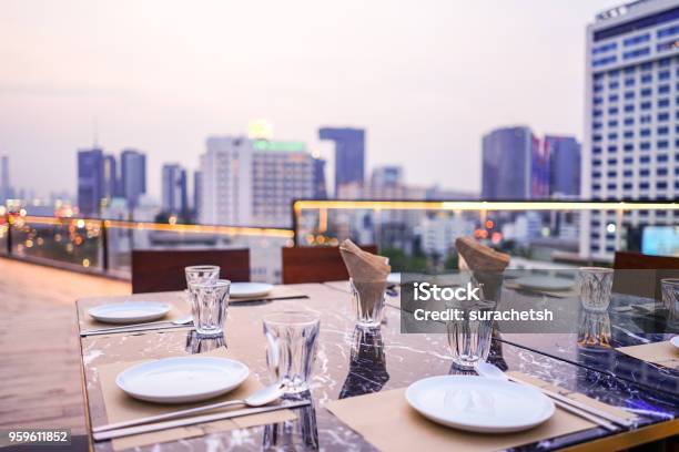 Luxury Private Dinner Rooftop In Bangkok Thailand Stock Photo - Download Image Now - Rooftop, Restaurant, Bar - Drink Establishment