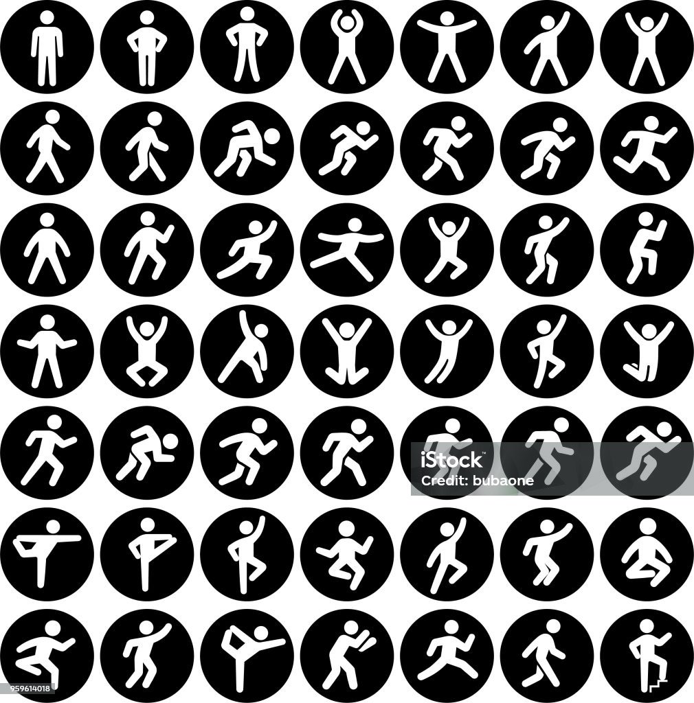 People in motion Active Lifestyle Vector Icon Set Black Buttons People in motion Active Lifestyle Vector Icon Set Black Buttons. This vector illustration features stick figures of people in motion. Each icon is showing the human body in various position. The icons are placed against a round black background. Icon Symbol stock vector