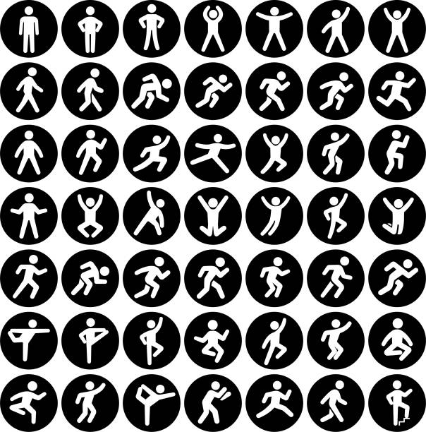 People in motion Active Lifestyle Vector Icon Set Black Buttons People in motion Active Lifestyle Vector Icon Set Black Buttons. This vector illustration features stick figures of people in motion. Each icon is showing the human body in various position. The icons are placed against a round black background. jumping jacks stock illustrations