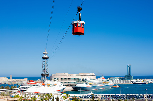 Funicular in Barcelona at summer day.  Cablecar over the port in Barcelona, Spain. Aerial panoramic view over Port Vell marina from Montjuic 