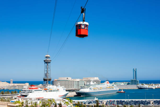 funicular in barcelona at summer day.  cablecar over the port in barcelona, spain. aerial panoramic view over port vell marina from montjuic "n - port de barcelona imagens e fotografias de stock