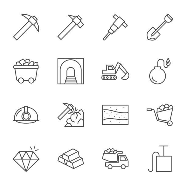 Mining vector icons set, outline style Mining vector icons set, outline style metal ore stock illustrations