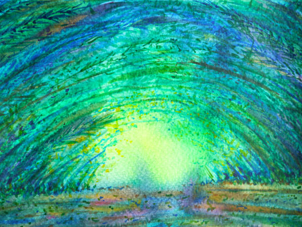 бамбуковый зеленый лес арки туннель солнце освещения акварели картина иллюстрация дизайн рисовать вручную - tree watercolor painting leaf zen like stock illustrations