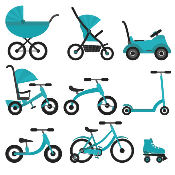 Flat bright blue baby transport set Flat bright blue baby transport set for kids since birth till school. Colorful turquoise vector children transport as stroller, balance bike for package design, stickers, educational apps and books tricycle stock illustrations
