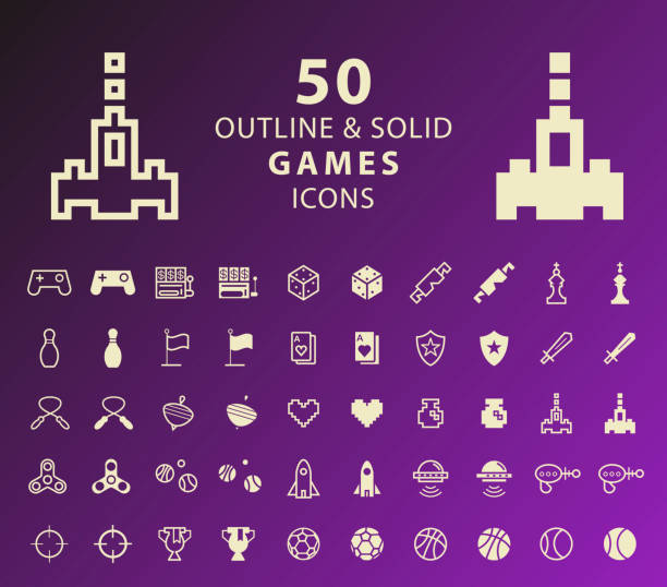 zestaw 50 konspektów i ikon stałych gier na ciemnym tle . izolowane elementy wektorowe - three dimensional shape joystick gamepad computer icon stock illustrations