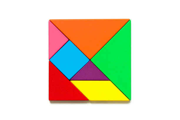 Color wood tangram puzzle in square shape on white background